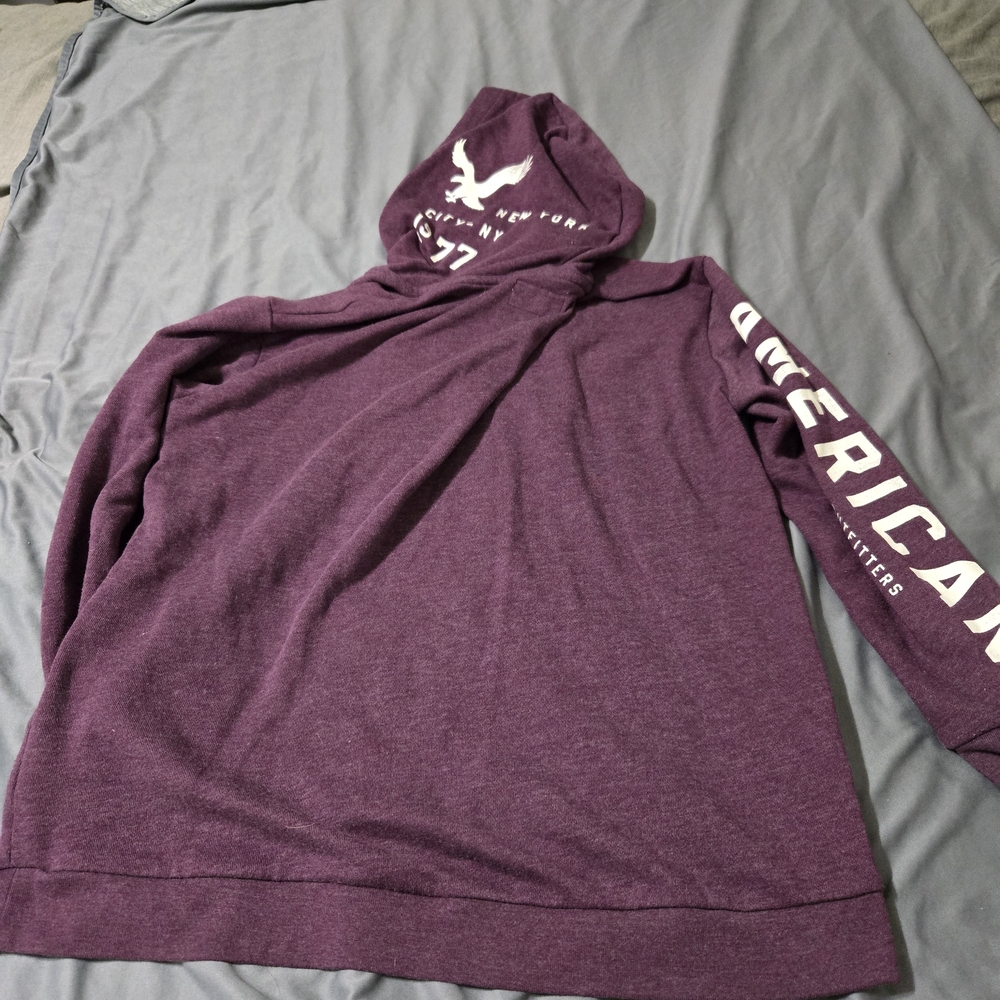 American Eagle Super Soft Hoodie Mens Size XL Deep Plum Hood Graphic Text Sleeve